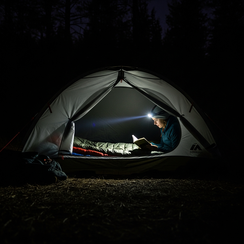 headlamp on tent