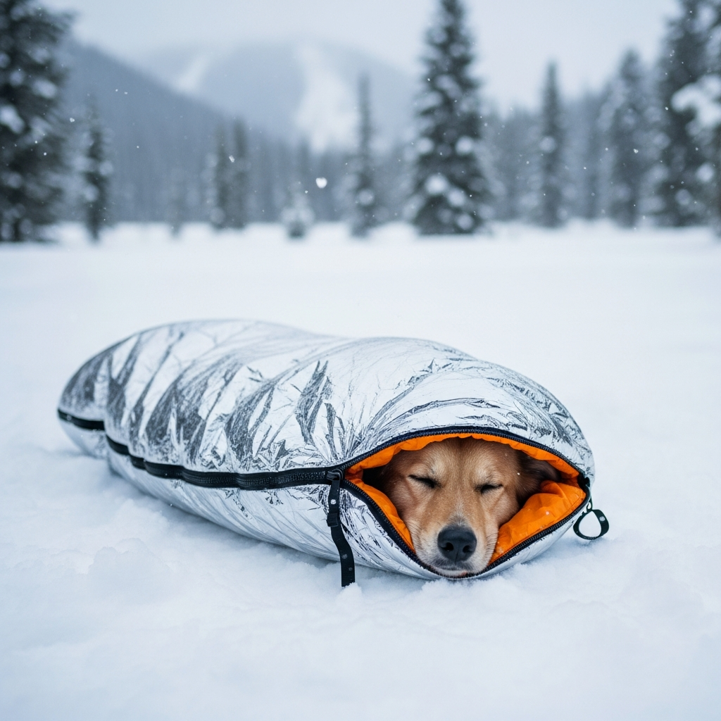 A high-quality photo of a happy dog resting securely in a reflective thermal sleeping bag during a snowy backcountry expedition.