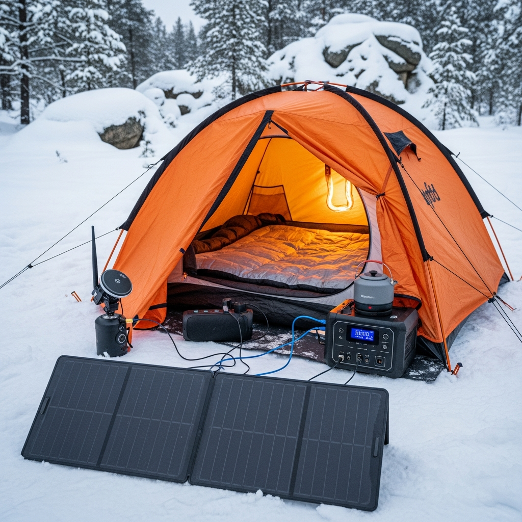 A high-tech portable solar generator powering camping gear in a freezing snowy winter wilderness setting.