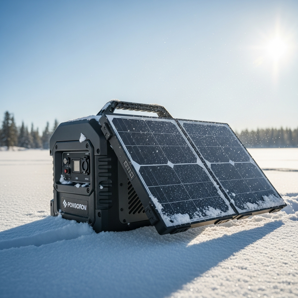 A rugged portable solar generator sitting in a snowy off-grid winter environment with bright sun rays reflecting off its solar panels.