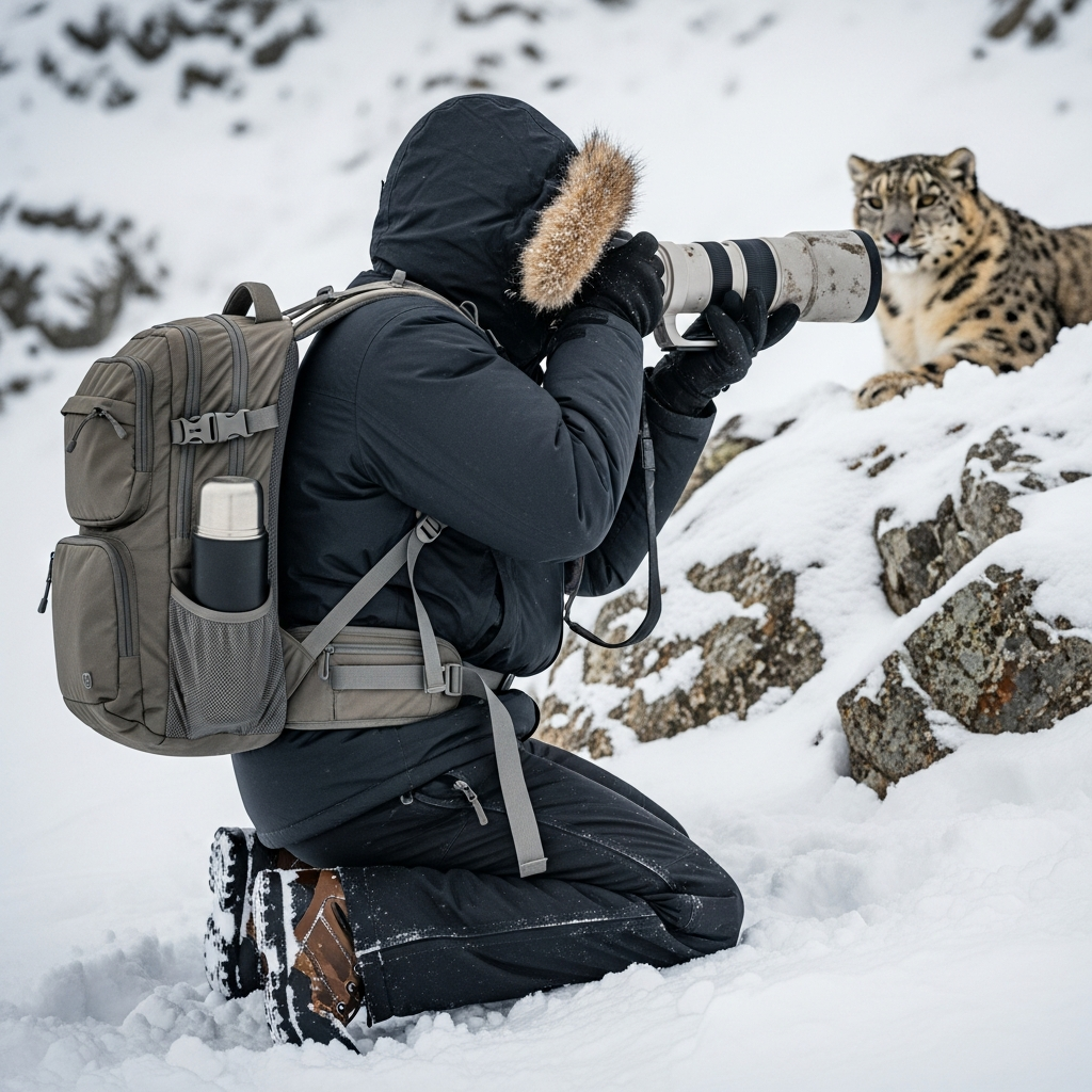 A professional wildlife photographer dressed in heavy winter gear capturing photos of a snow leopard while wearing a rugged insulated camera backpack in a snowy mountain environment.