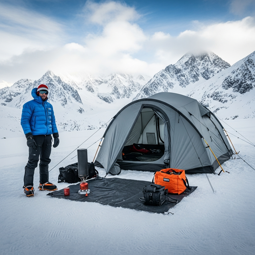 A tall camper over six feet tall standing comfortably next to a heavy-duty four-season winter tent in a snowy alpine landscape preparing for a 2026 expedition.