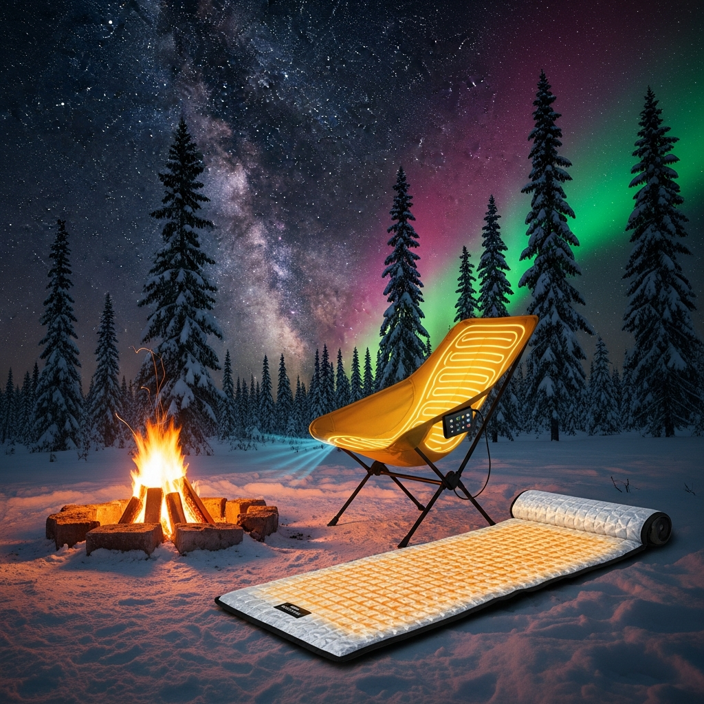 A high-tech glowing heated camping chair and an insulated graphene pad placed next to a roaring campfire in a deep snowy forest under a clear 2026 winter night sky.