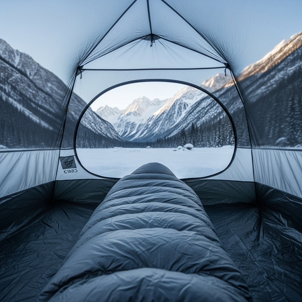 A high-performance sub-zero down sleeping bag fully unrolled inside a premium four-season winter camping tent overlooking a snowy mountain valley in 2026.