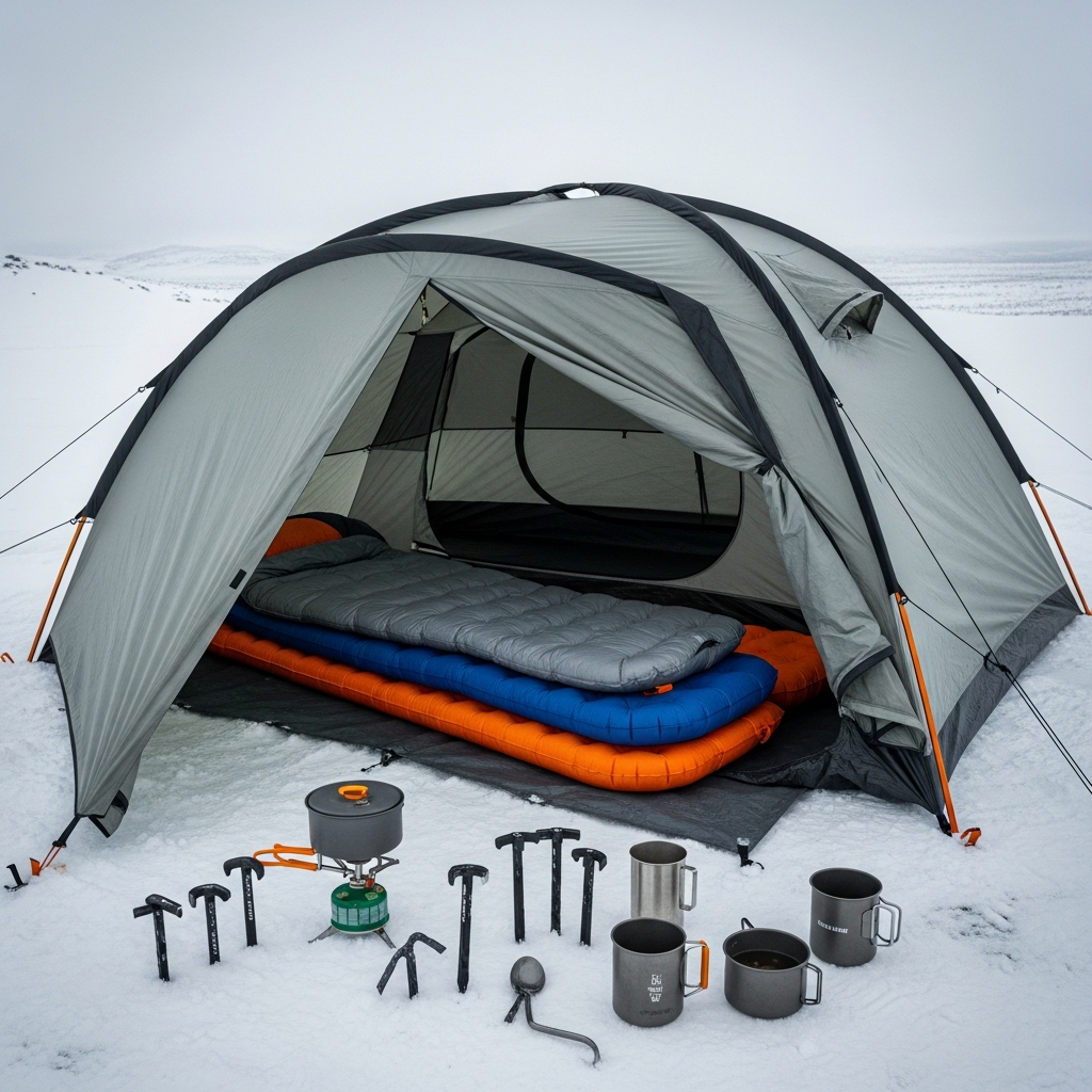 winter campsite setup