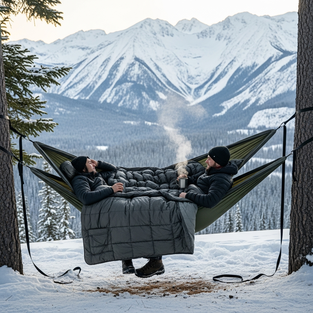Two campers are comfortably resting in a double hammock equipped with a thick winter underquilt against a beautiful snowy mountain backdrop.