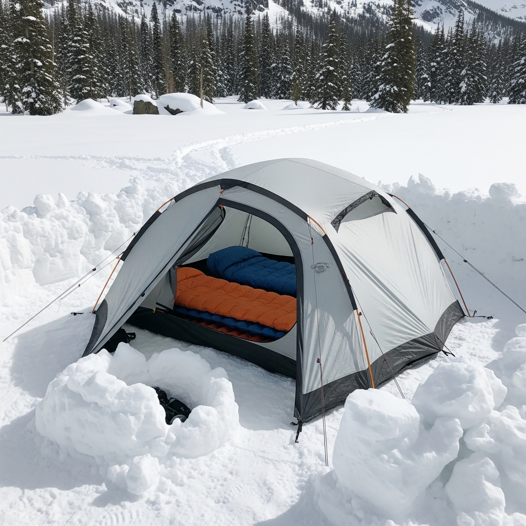 snowy camp setup