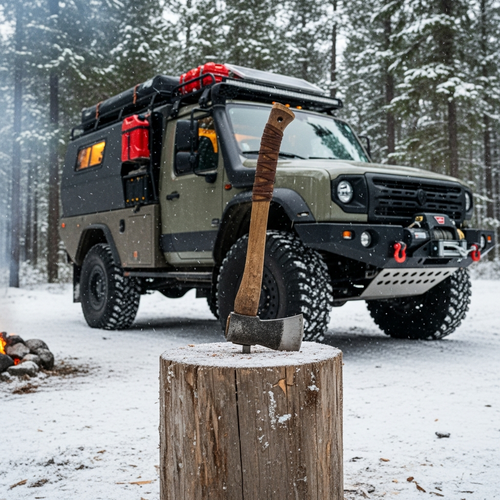 A rugged off-grid overland rig parked in a snowy 2026 wilderness forest with a heavy-duty bushcraft ax resting vertically on a massive wooden chopping block.
