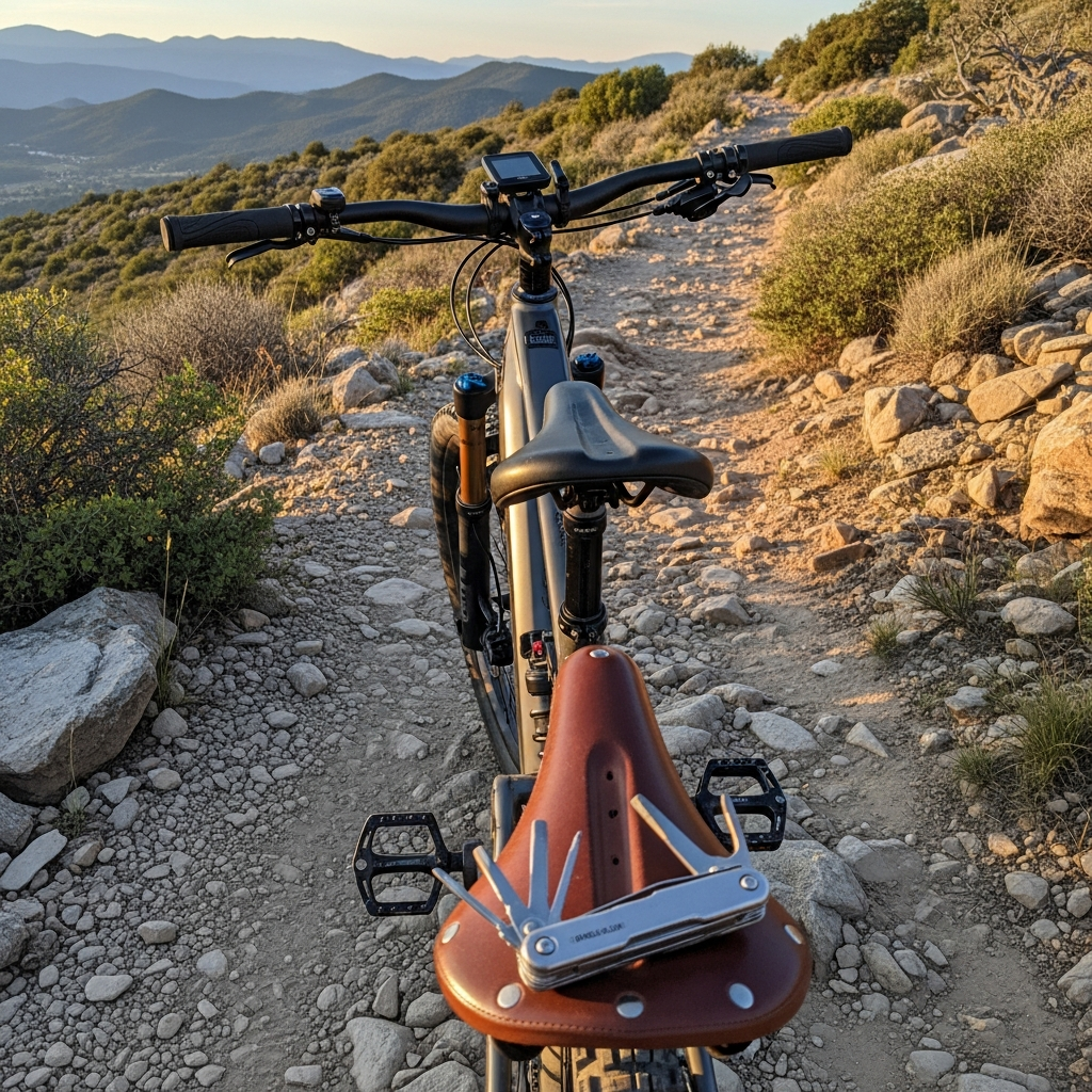 A rugged e-bike parked on a rocky backcountry dirt trail with a premium multi-tool resting on the leather saddle.