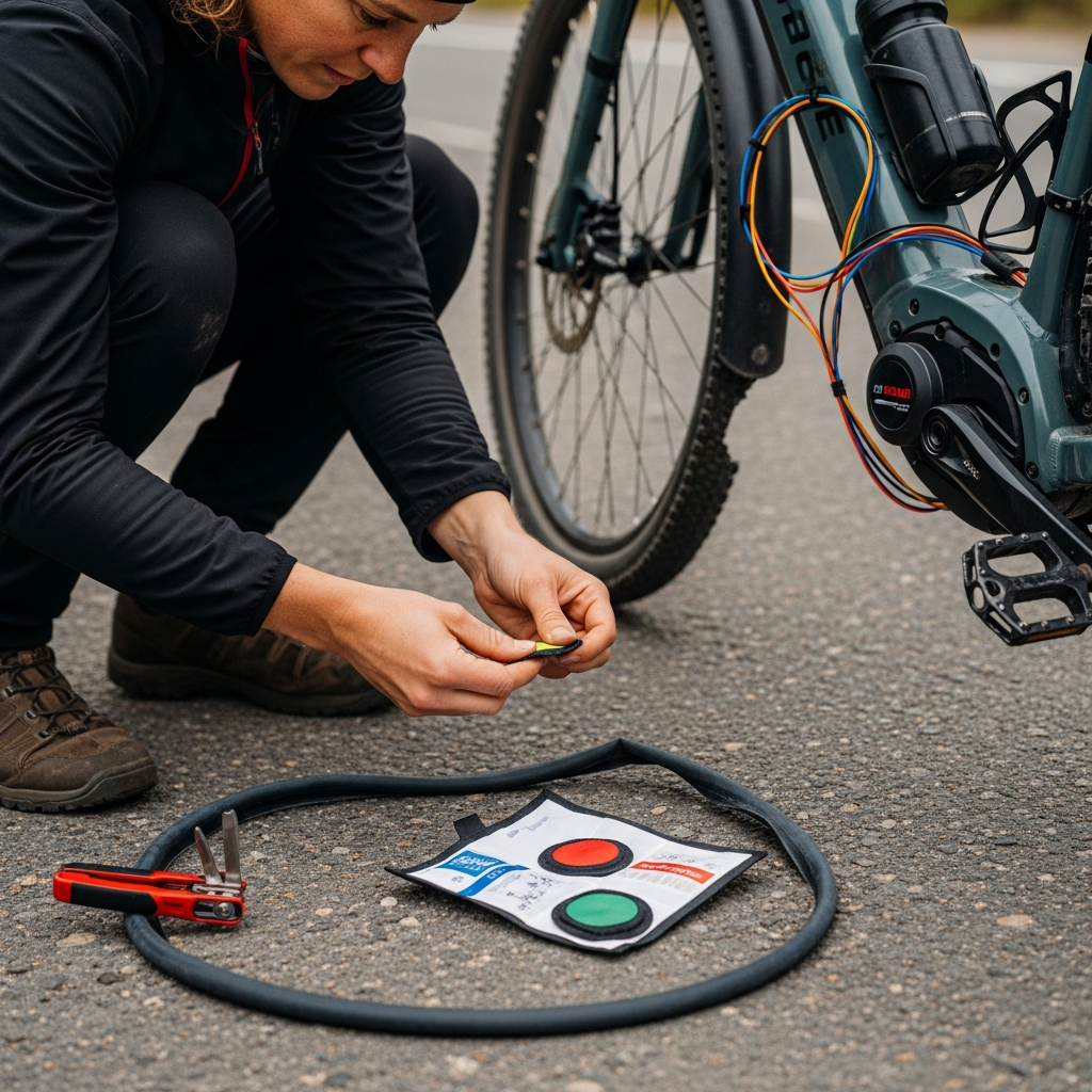 Bikepacker repairing ebike