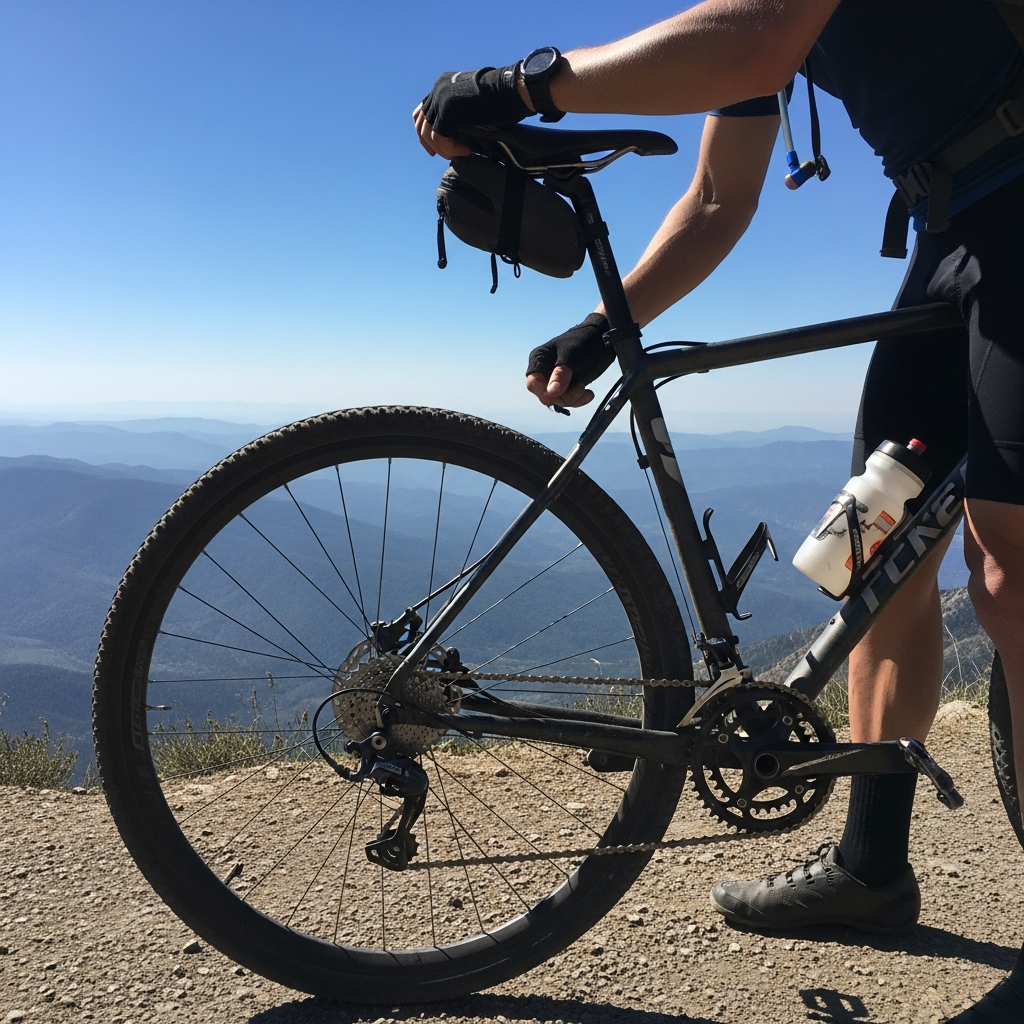 Cyclist checking gear