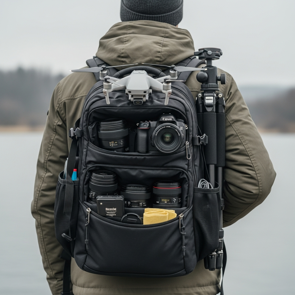 photographer packing backpack