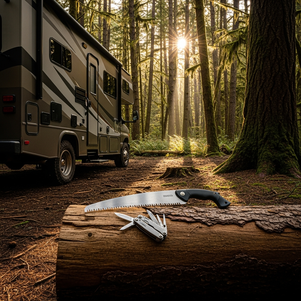 A rugged RV parked in a dense sunlit forest next to a folding bushcraft saw and a multi-tool resting on a massive wooden log.