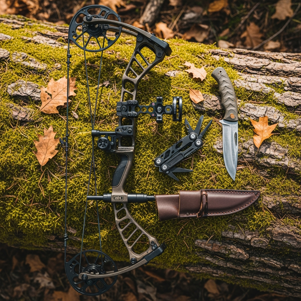 A high-quality flat lay showcasing a sleek tactical multi-tool and a rugged bushcraft knife resting on a mossy log next to a modern compound bow, illustrating premium solo bowhunting gear for the 2026 season.