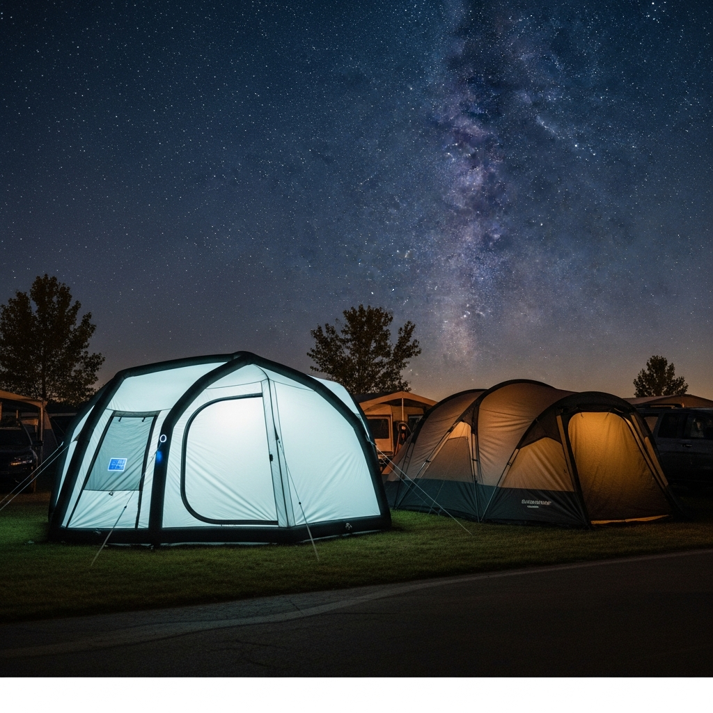 A high-tech smart inflatable tent glowing under the stars next to a rugged classic dome tent in a modern 2026 campground.