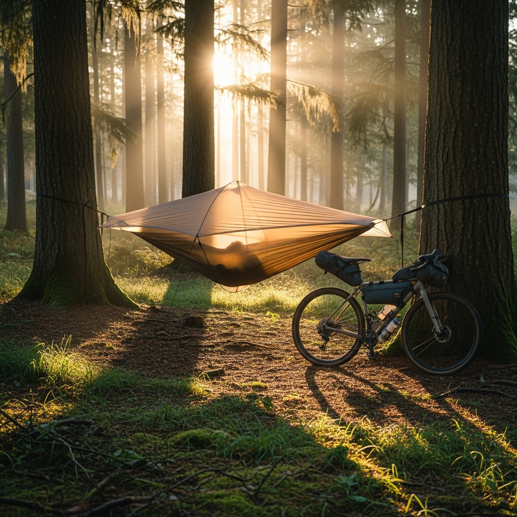 A high-quality wide shot of an ultralight hammock tent suspended between two forest trees next to a loaded bikepacking gravel bicycle at dawn.