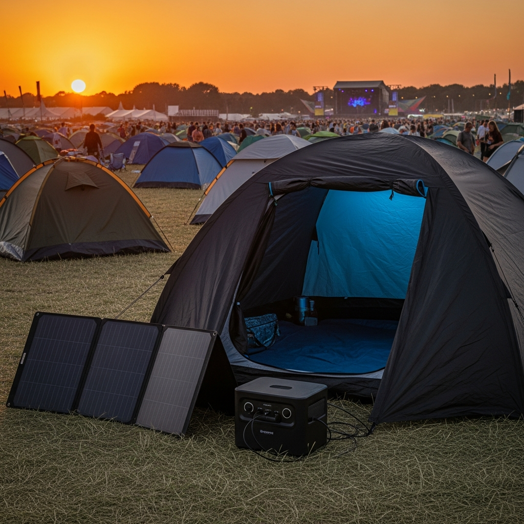 A high-tech blackout camping tent set up at a vibrant summer music festival with a sleek portable power station and solar panels resting near the entrance.