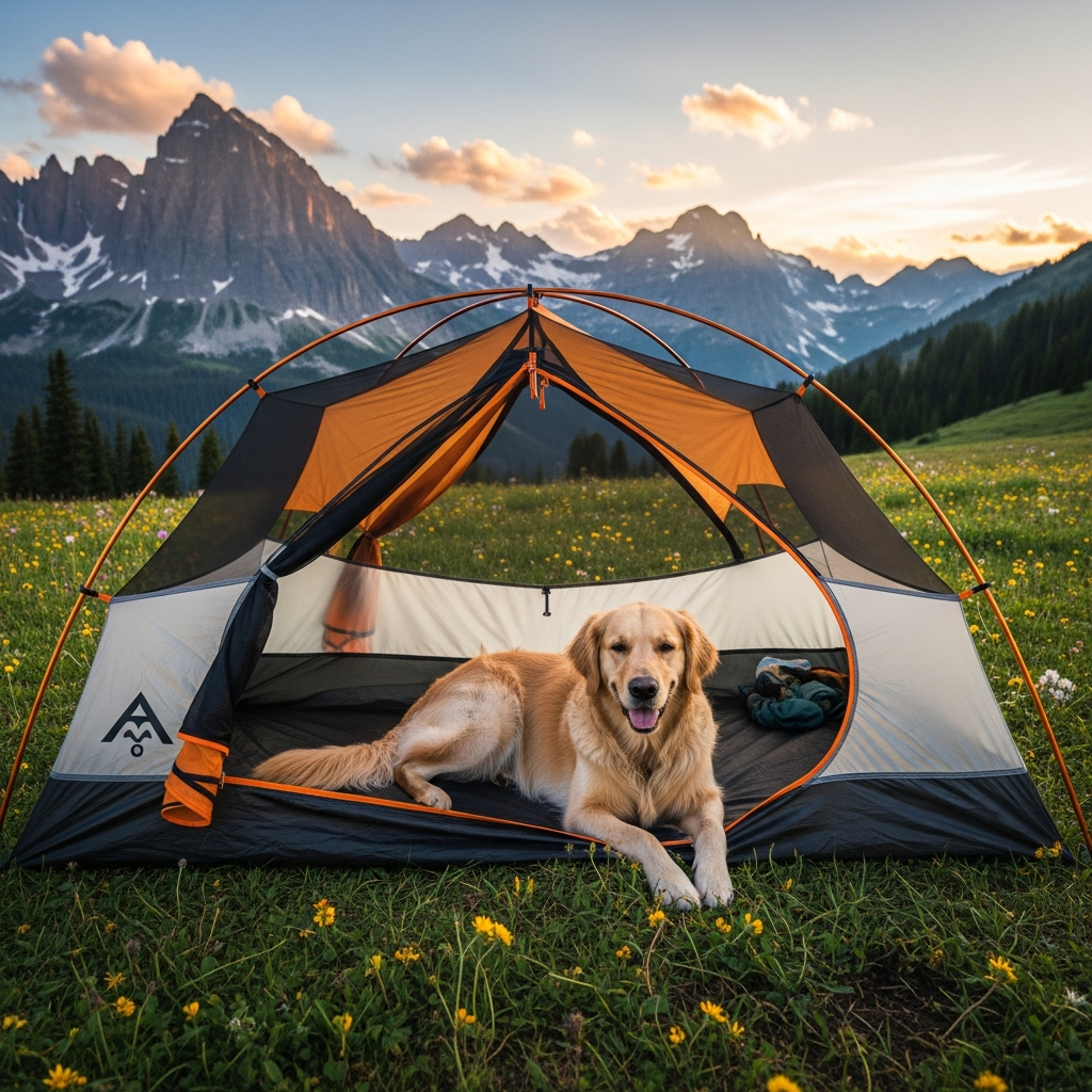 A rugged backpacking tent pitched in a scenic alpine meadow with a happy golden retriever resting inside on a durable claw-proof floor.