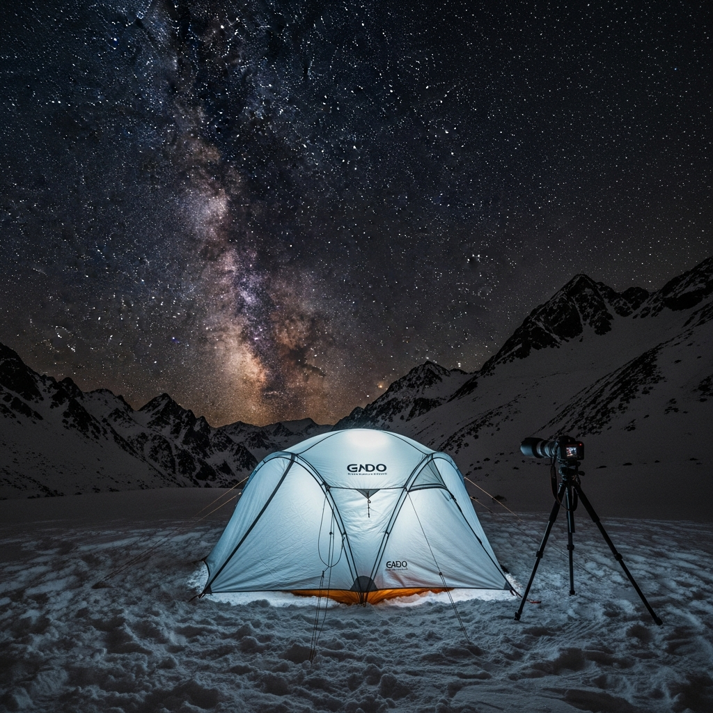 A high-resolution photo of a glowing aerogel-insulated winter tent pitched in a snowy alpine terrain under a starry night sky with a professional camera on a tripod nearby.