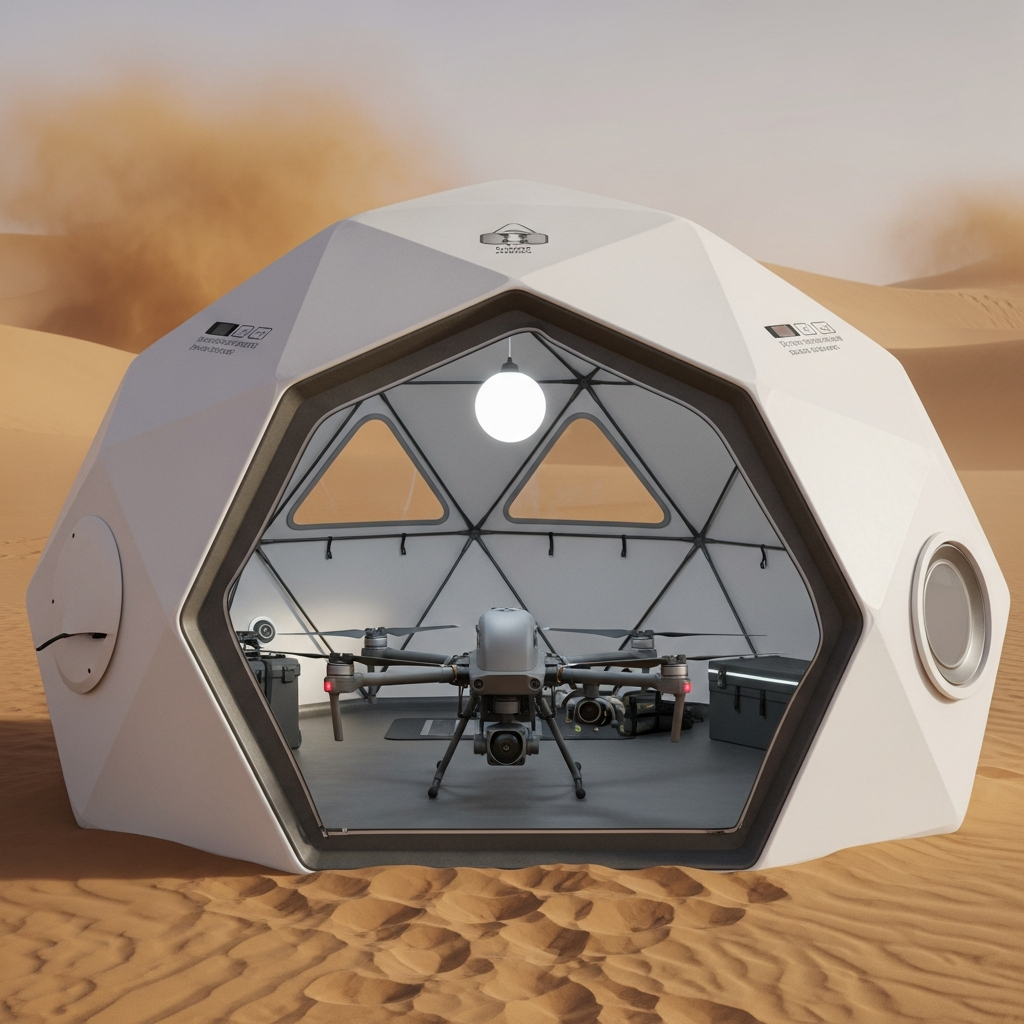 A high-tech geodesic desert tent weathering a severe sandstorm while a rugged drone rests securely inside the vestibule.