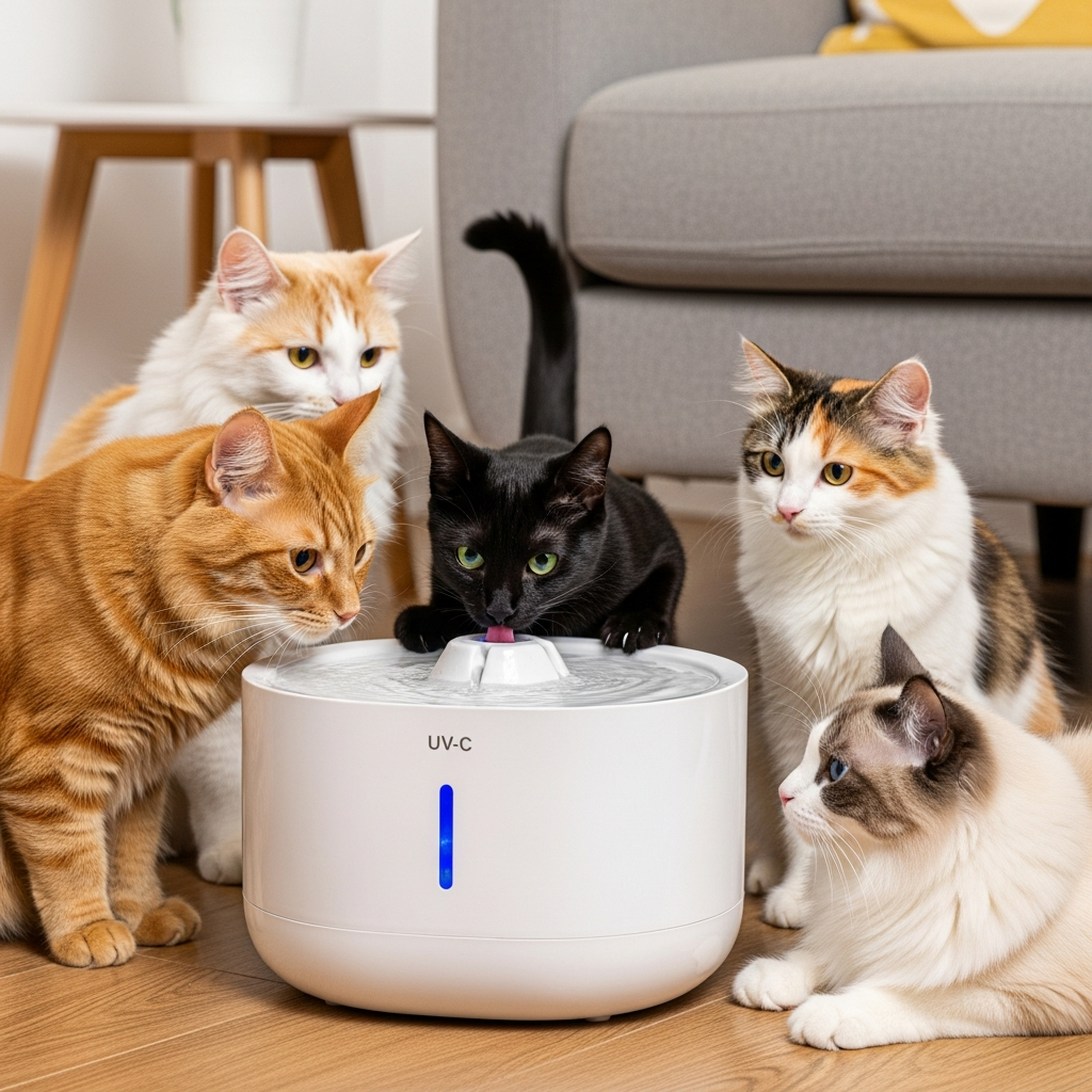 A sleek and modern smart UV-C pet water fountain sitting in a well-lit living room surrounded by multiple curious cats.
