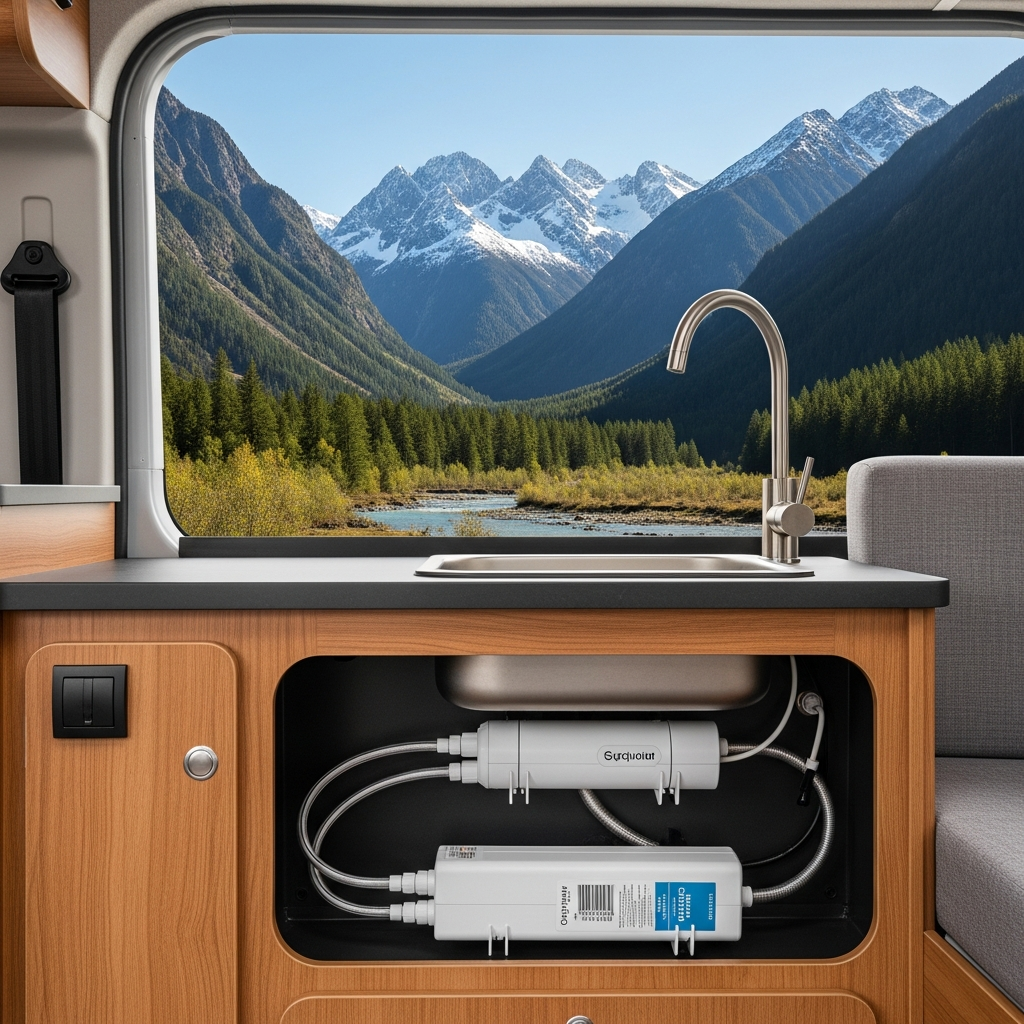 A high-quality under-sink water filtration system neatly installed inside the wooden cabinetry of a modern camper van kitchen with a scenic mountain valley view visible through the window.