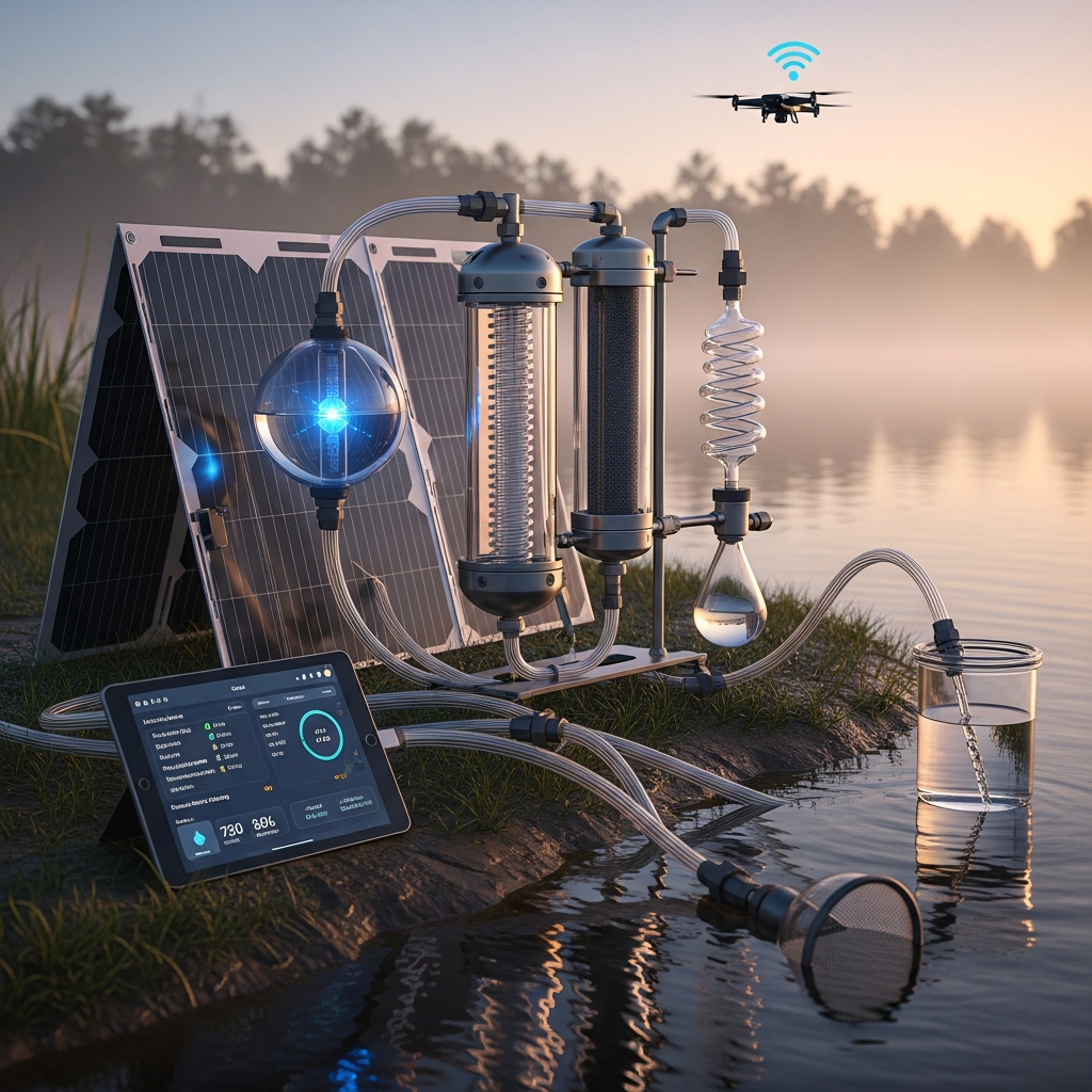 A high-tech solar-powered water purification setup beside a pristine mountain lake at sunrise in 2026.