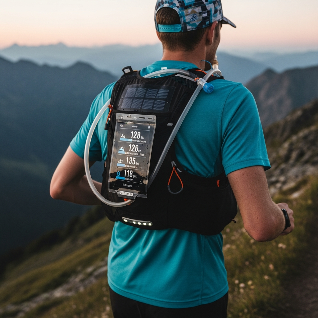 A rugged trail runner traverses a mountain ridge at sunrise while drinking from a 2026 state-of-the-art hydration vest featuring an integrated micro-filtration tube.