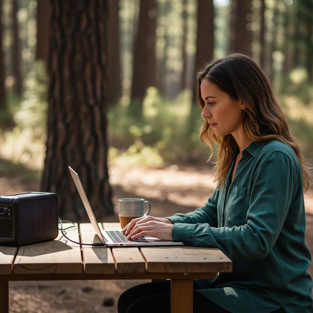 A female digital nomad sitting at a wooden camp table in a lush pine forest typing on a modern laptop powered by a sleek portable solar generator under bright sunlight.