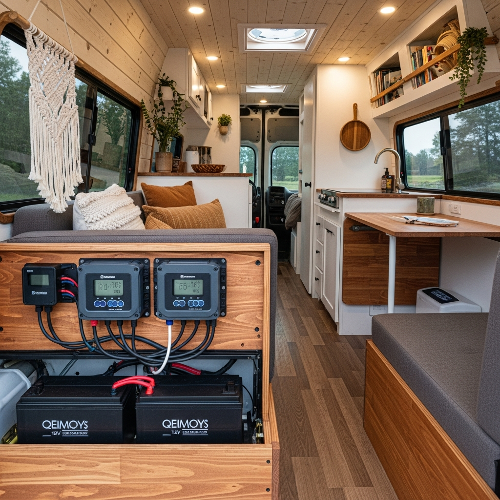 A high-quality wide shot of a customized vanlife interior featuring a modern electrical setup with solar charge controllers and sleek 12V lithium batteries tucked under a wooden bench.