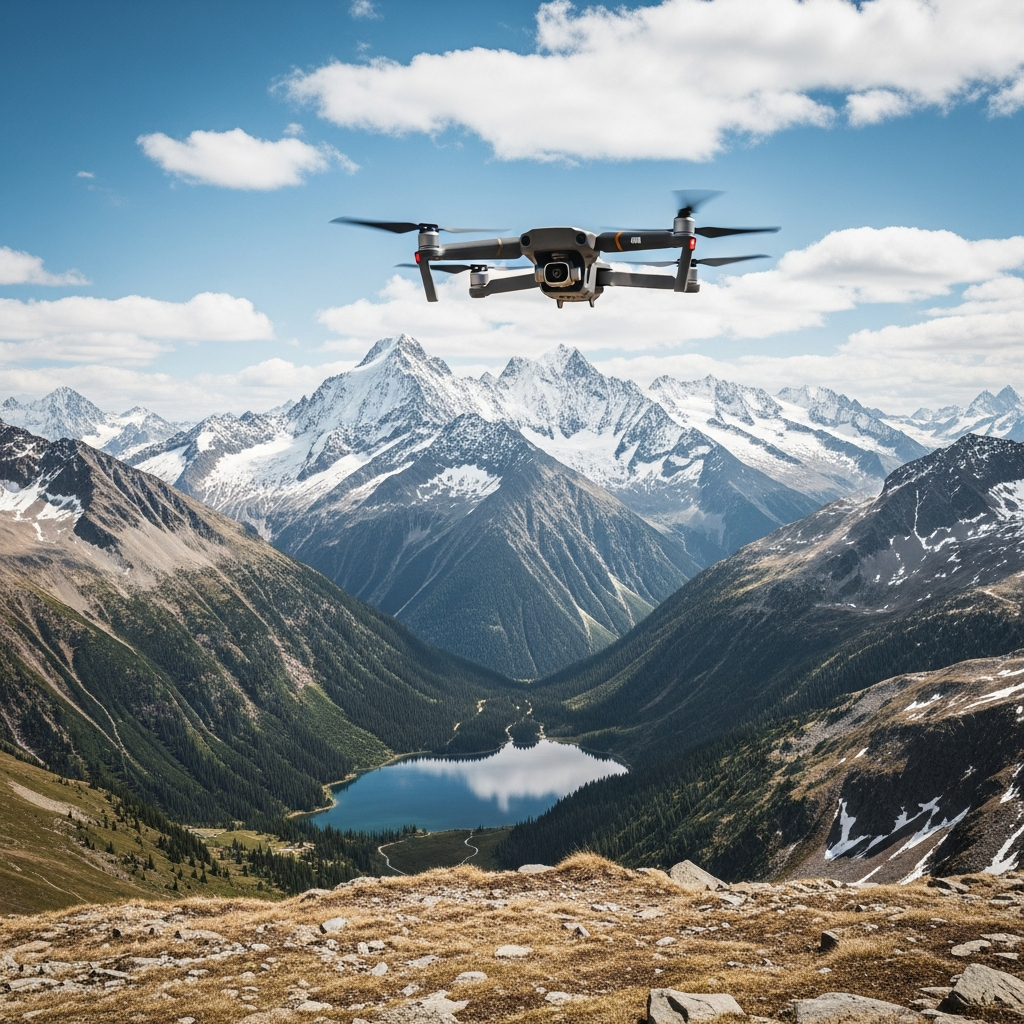 Drone hovering mountains