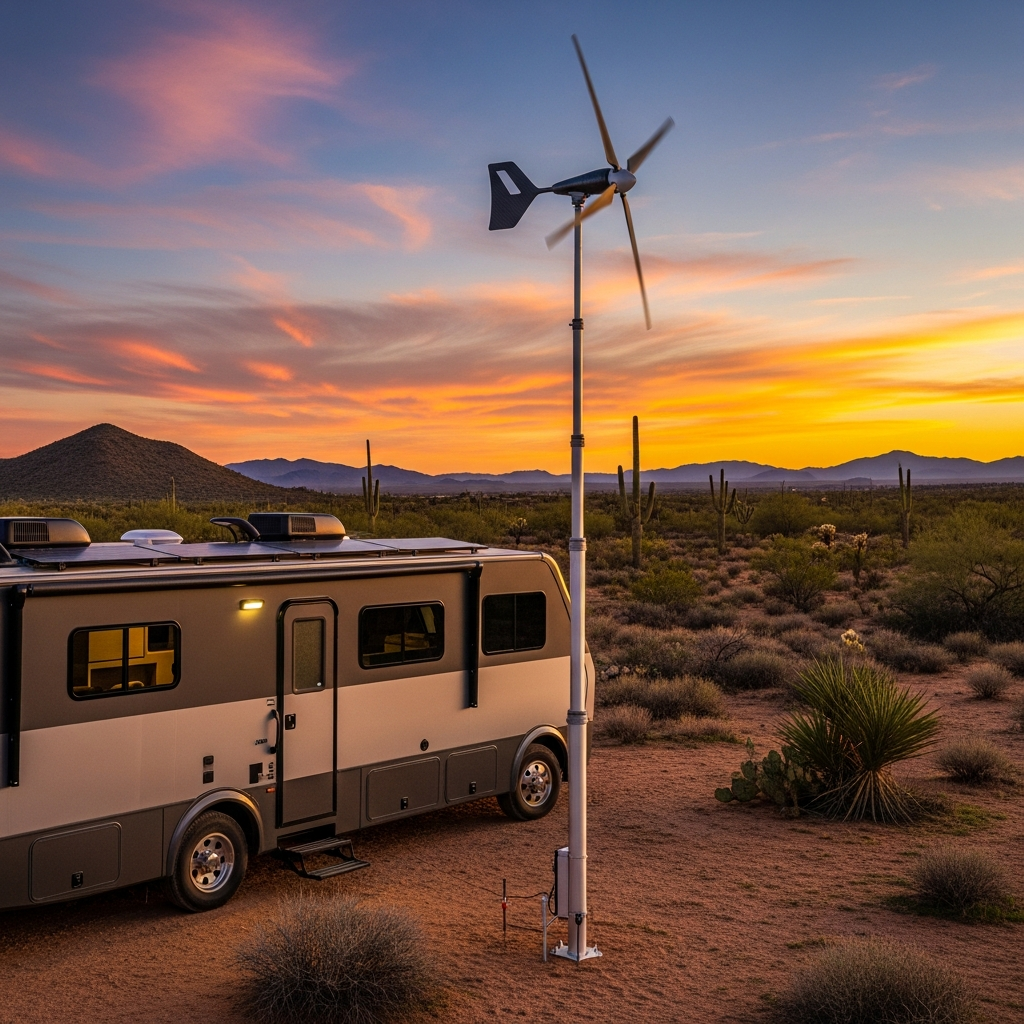 A high-quality wide shot of a modern off-grid RV parked in a scenic desert landscape at dusk, featuring a sleek portable wind turbine spinning on an aluminum telescopic pole under a vibrant sunset.
