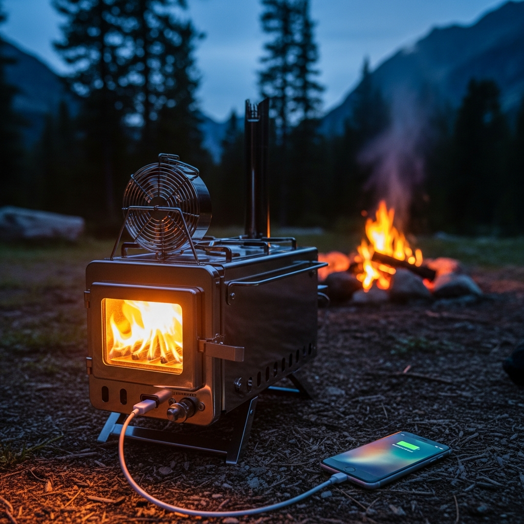 A high-tech thermoelectric wood-burning camp stove charging a smartphone next to a glowing fire in a rugged alpine forest at dusk.