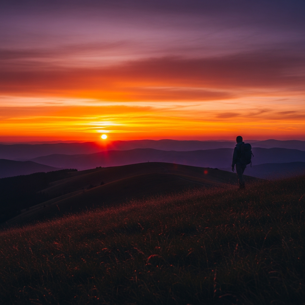 hiker sunset silhouette