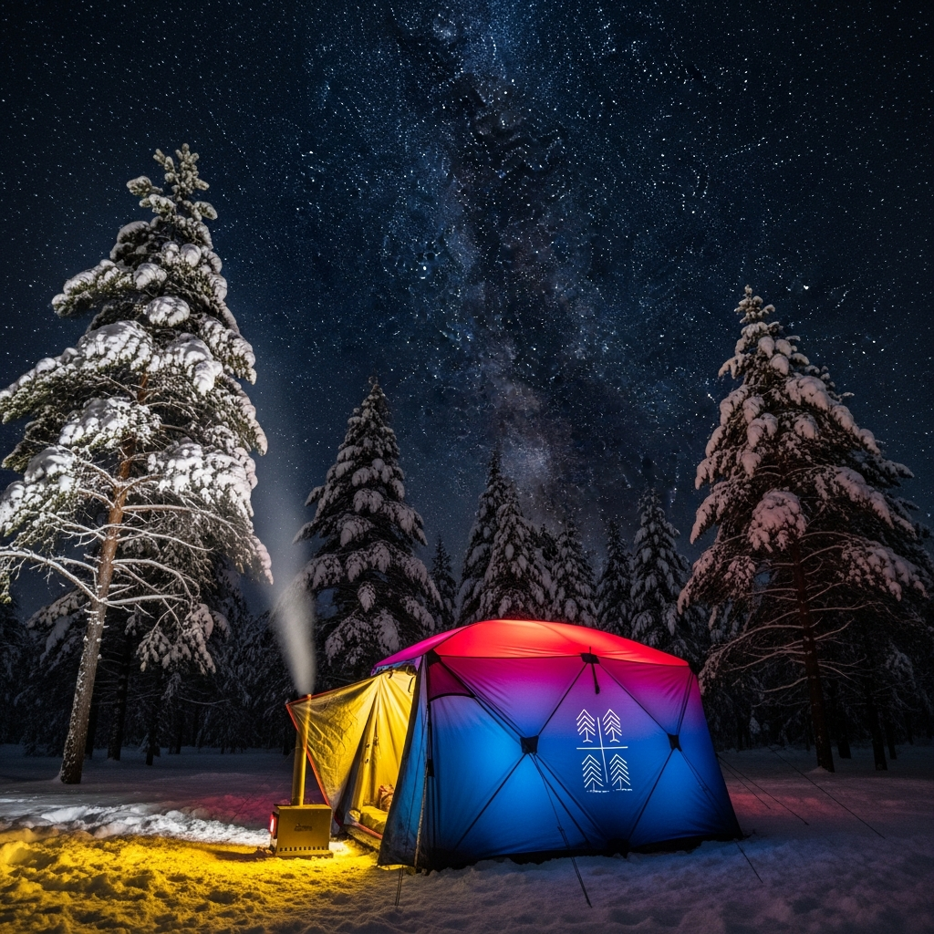 A glowing four-season hot tent pitched in a deep snow-covered pine forest under a starry 2026 winter night sky.