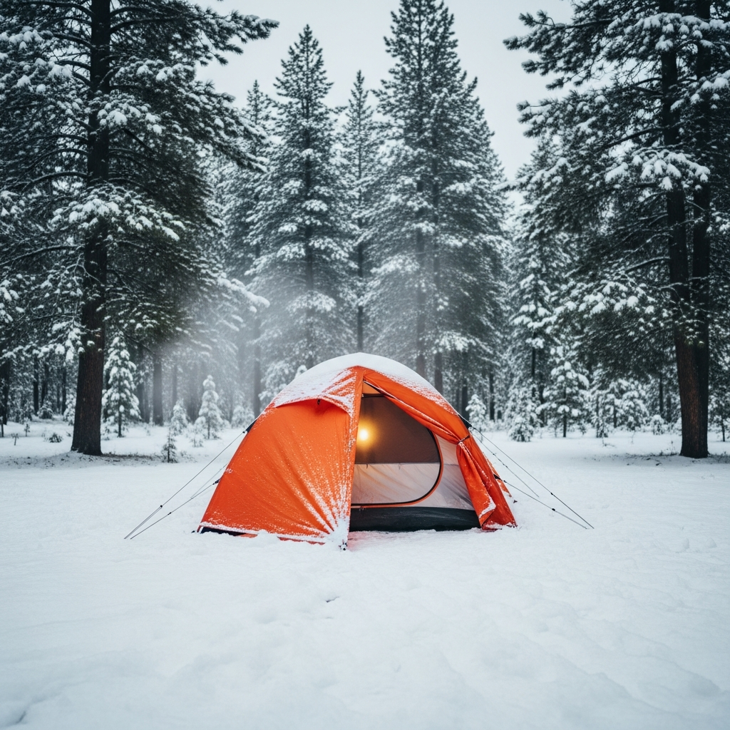 snowy tent exterior