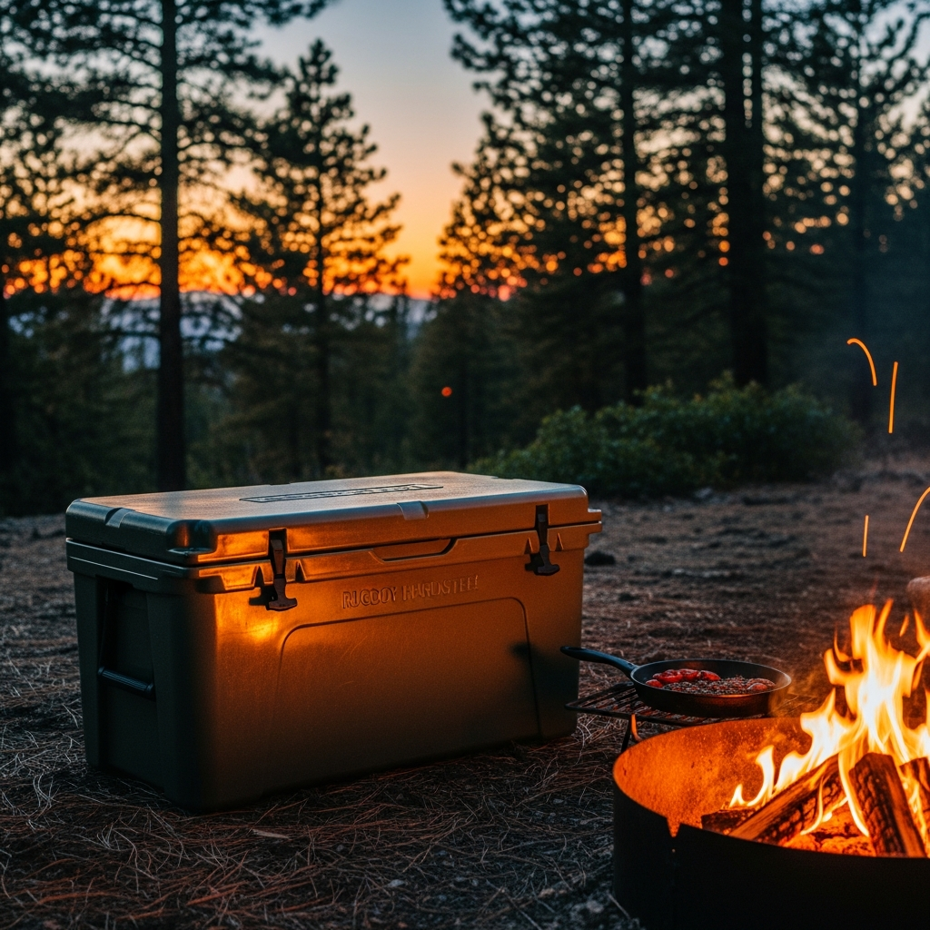 A high-end rugged hard cooler sitting next to a campfire in a dense forest during sunset.