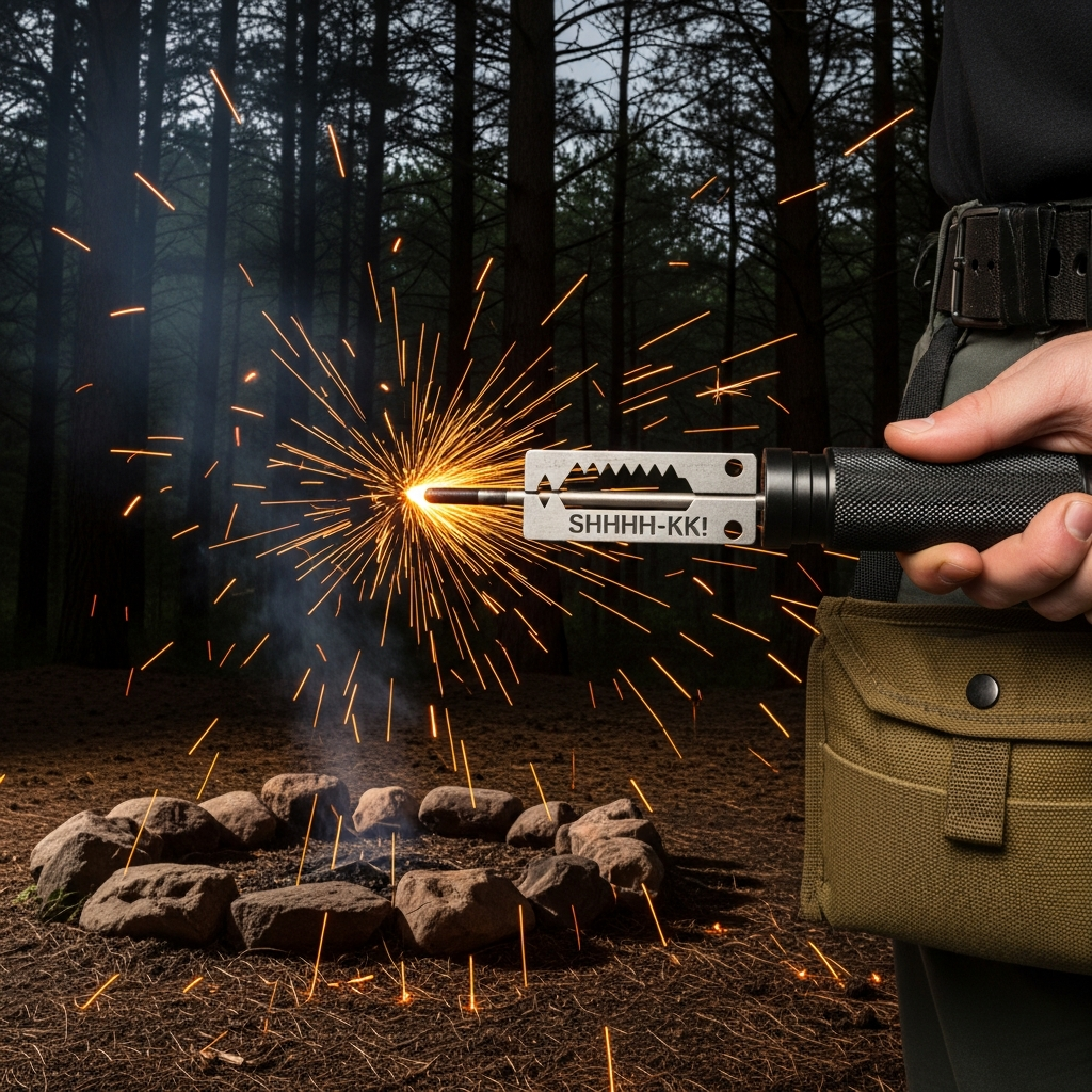 A rugged tactical fire starter generating a shower of bright sparks over a campfire in a dark woodland setting.