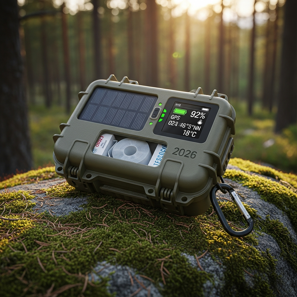 A rugged, highly advanced 2026 first aid kit resting on a moss-covered boulder in a dense pine forest, showcasing essential wilderness survival readiness.