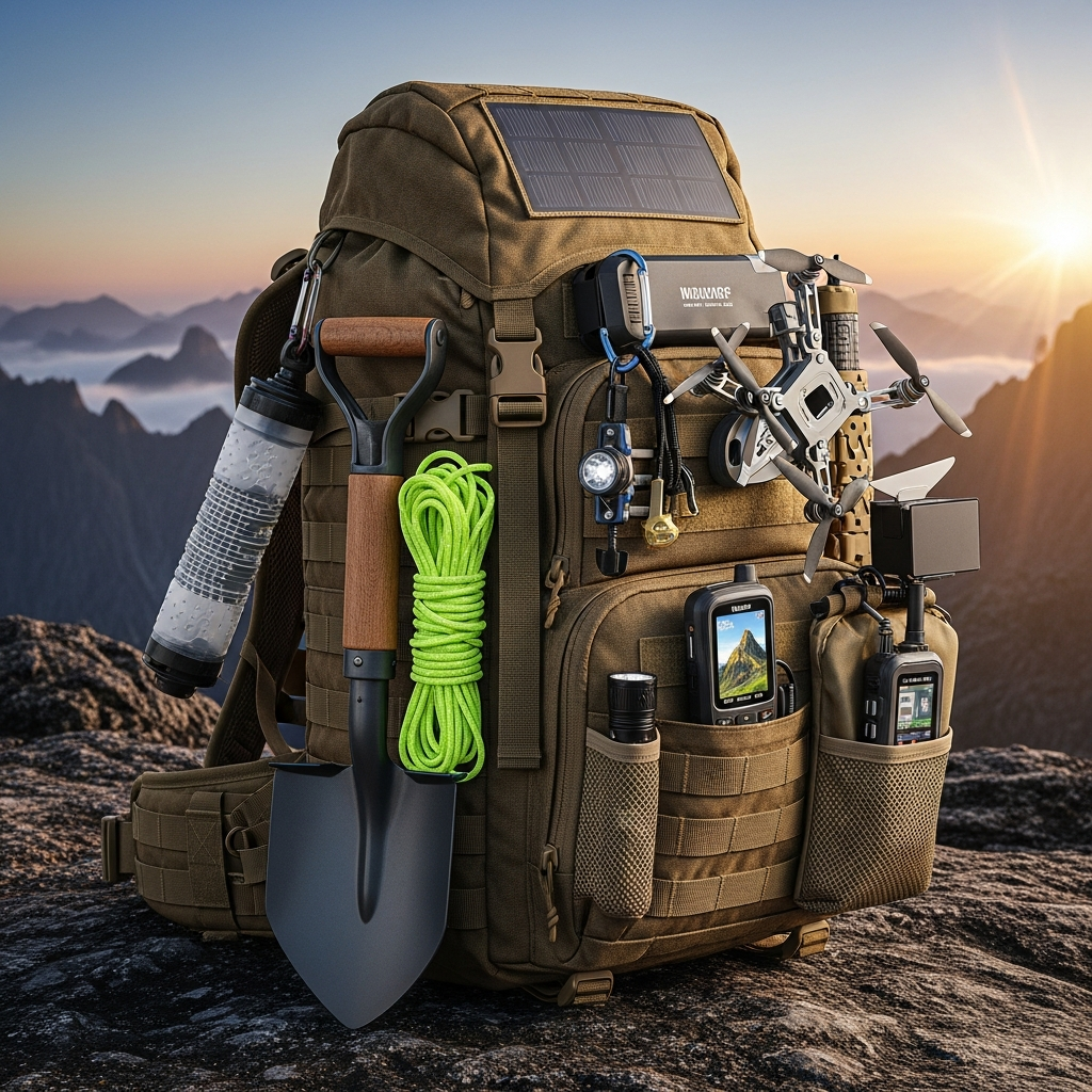 A rugged tactical backpack sitting against a rocky mountain terrain during a misty sunrise, showcasing ultimate survival gear preparation for 2026.