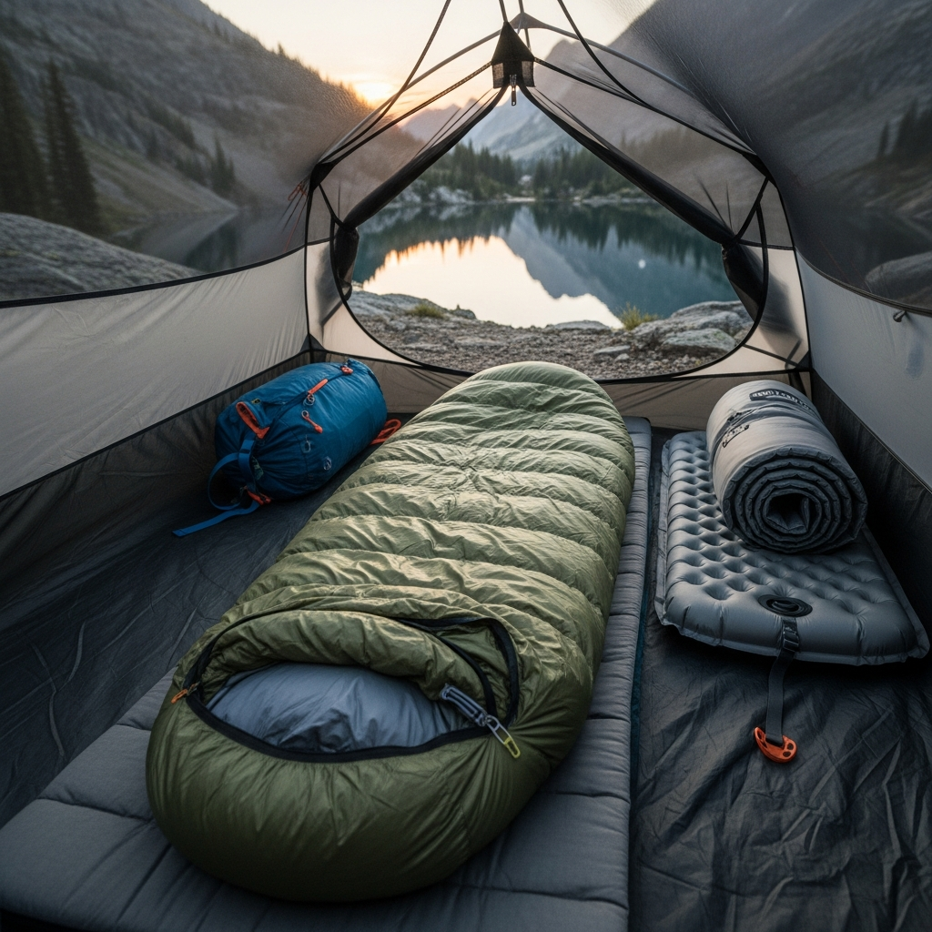 A high-end ultralight sleeping bag laid out inside a backcountry tent overlooking a pristine alpine lake at sunrise.