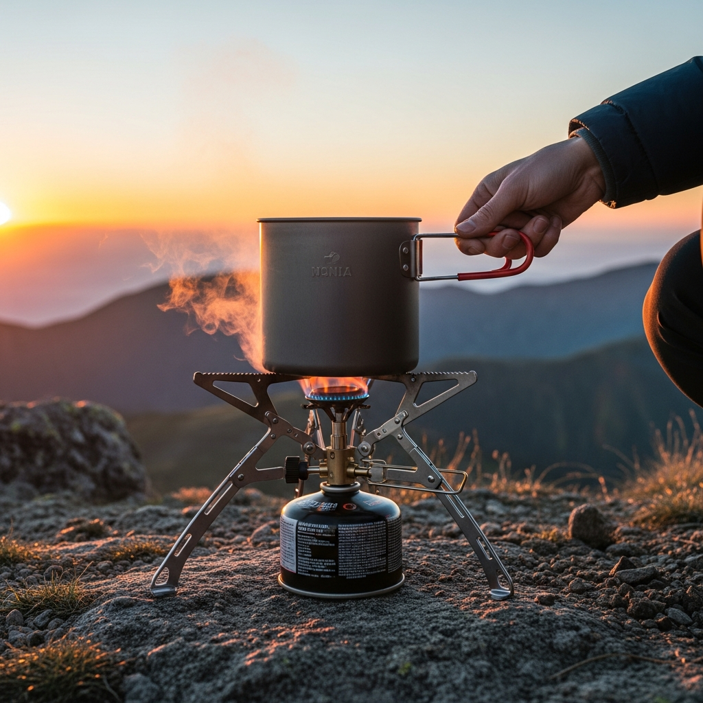 A high-quality portable camping stove boils water in a titanium pot on a rugged mountain summit at sunrise.