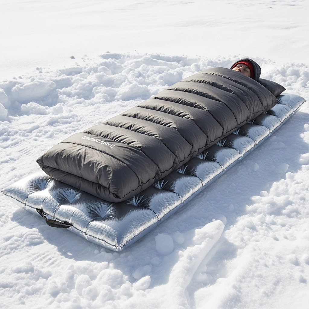 thick insulated sleeping pad on snow