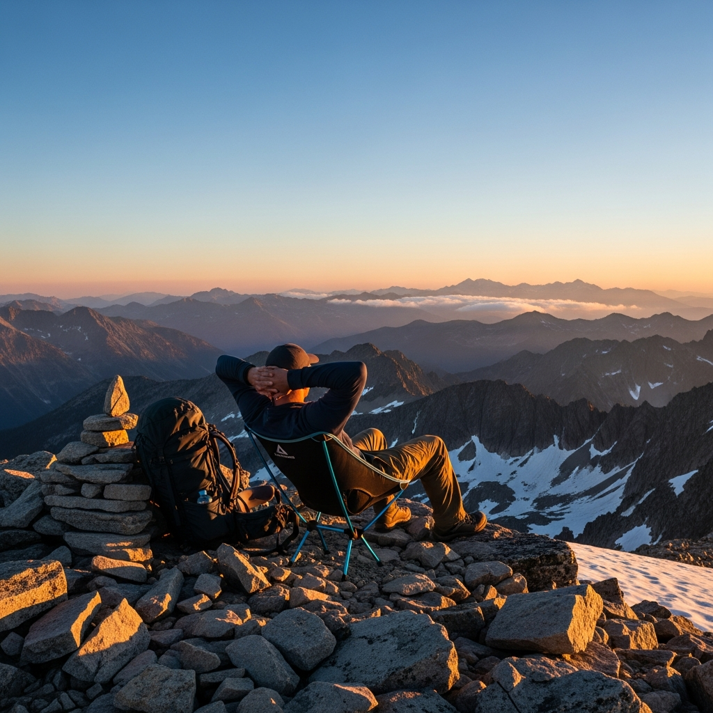 A high-resolution photograph of a solo backpacker relaxing in an ultralight camping chair on a rocky alpine summit at sunset overlooking a vast mountain range.