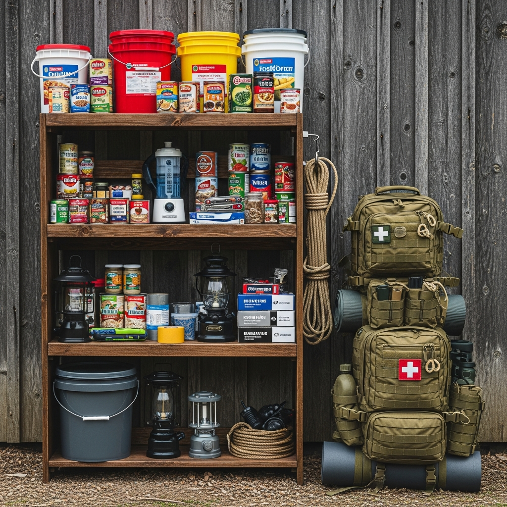A high-resolution outdoor scene showing a well-stocked survival pantry with modern emergency food buckets and a tactical backpack resting against a cabin wall.