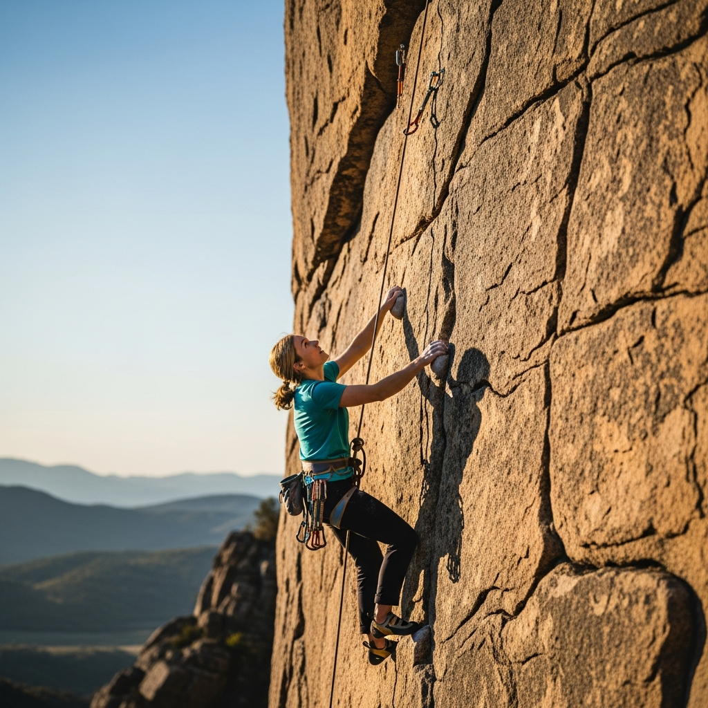 A high-quality wide shot of a beginner climber wearing a modern harness while scaling a sunlit outdoor rock face in 2026.