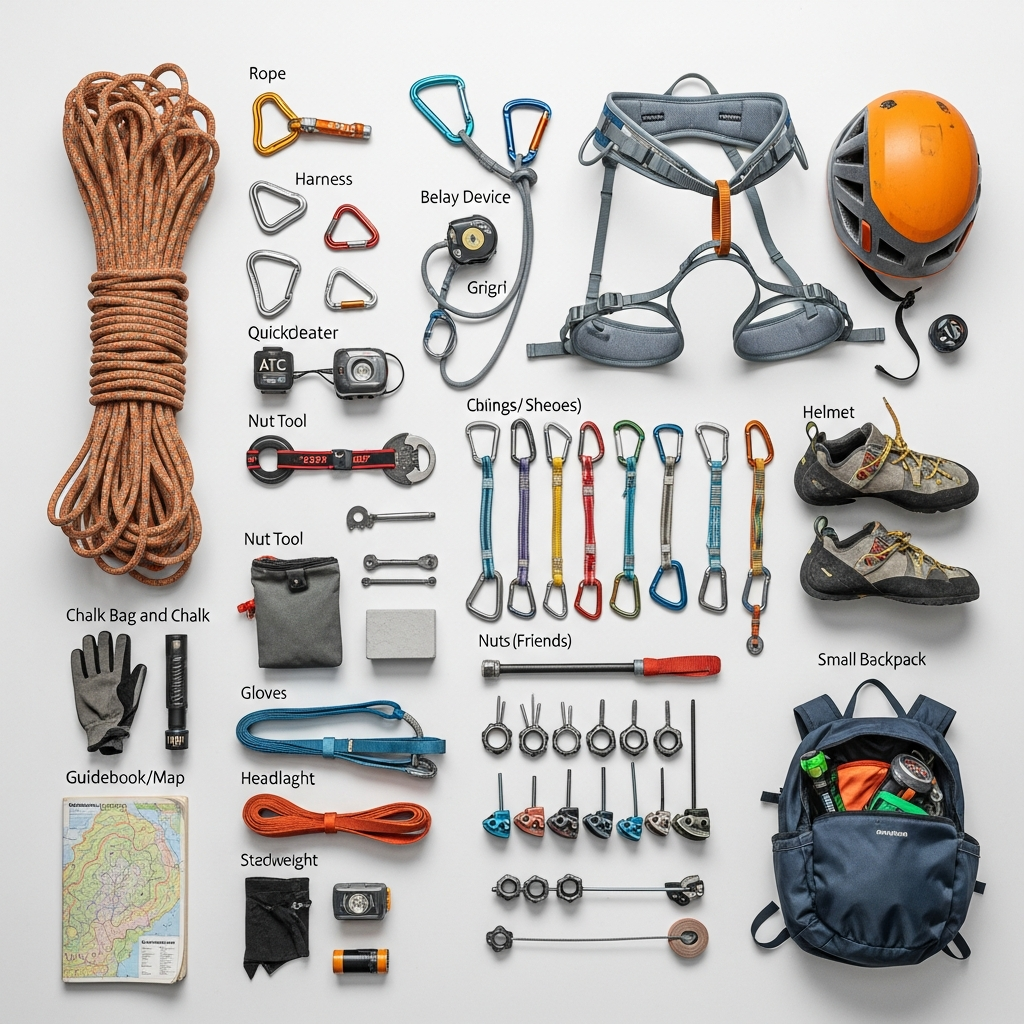 Climbing gear flatlay