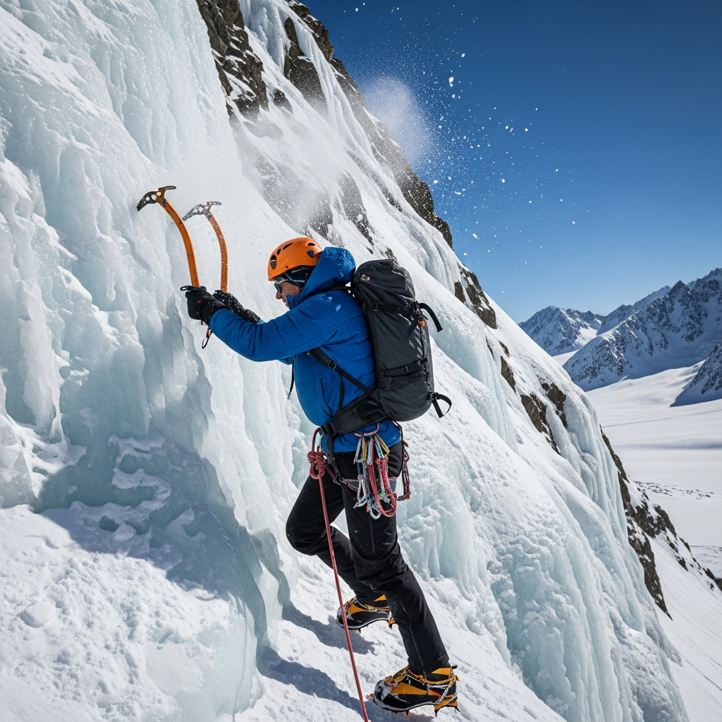 A skilled alpinist aggressively swinging a modern technical ice axe into a steep frozen glacier during a winter ascent.