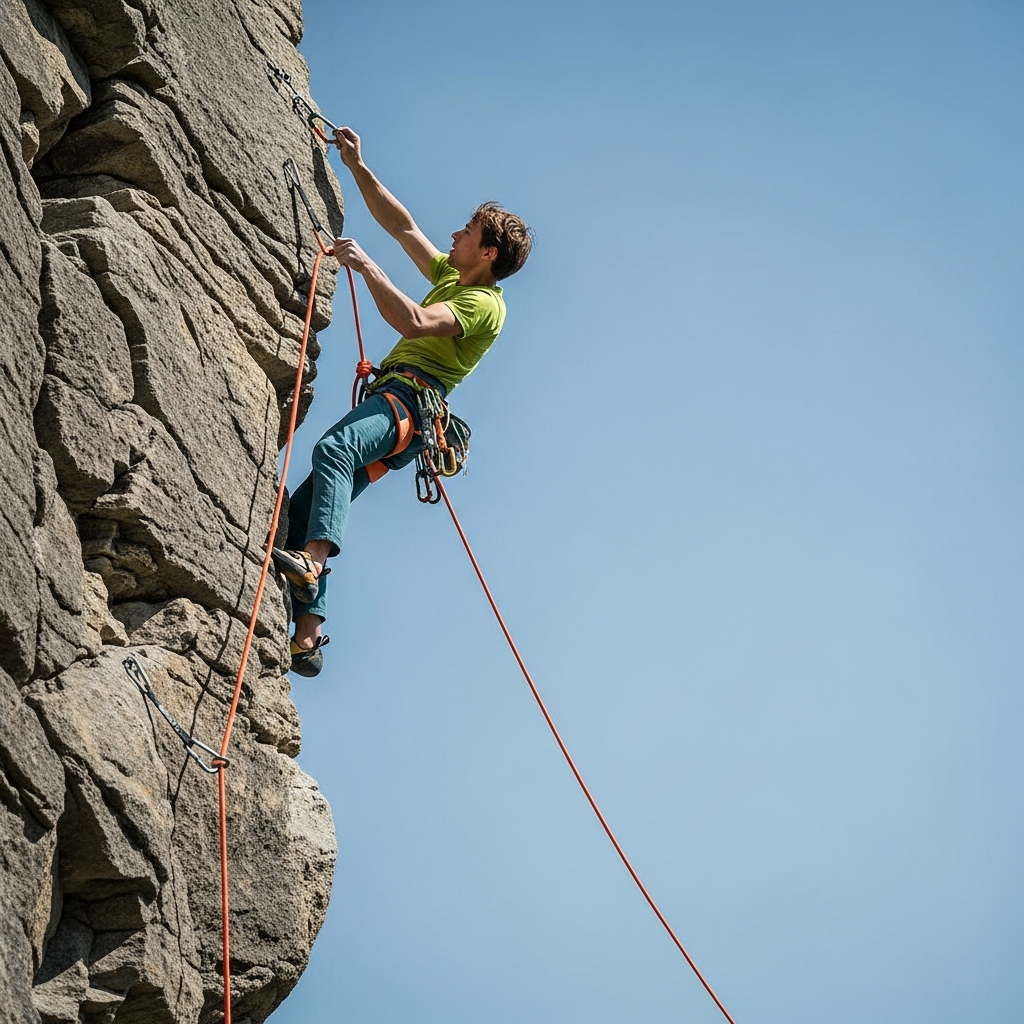 A high-quality wide shot of a climber confidently clipping a bright dynamic climbing rope into a quickdraw on a steep sport climbing route under clear blue skies.