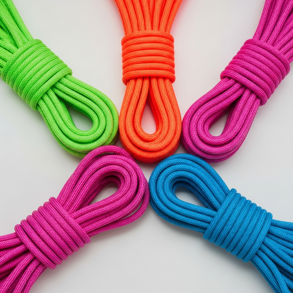 neatly coiled dynamic climbing ropes in various bright neon colors